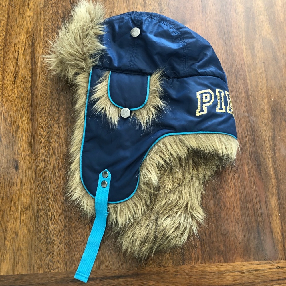 PINK Victoria's Secret Navy Blue Faux Fur Trapper Hat with Teal Trim